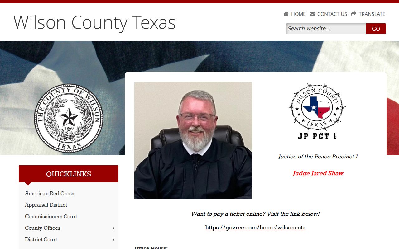 Wilson County JP1 page explaining its GovRec warrant status Details tab