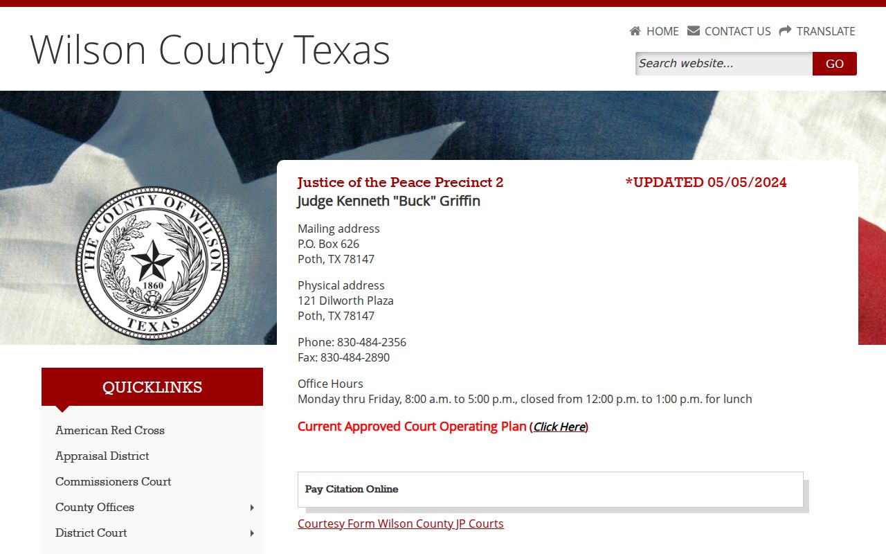 Official Wilson County JP2 contact and citation page in Poth
