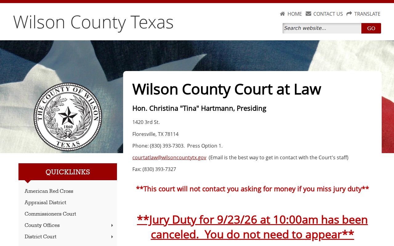 Wilson County Court at Law criminal calendar and coordinator contact page