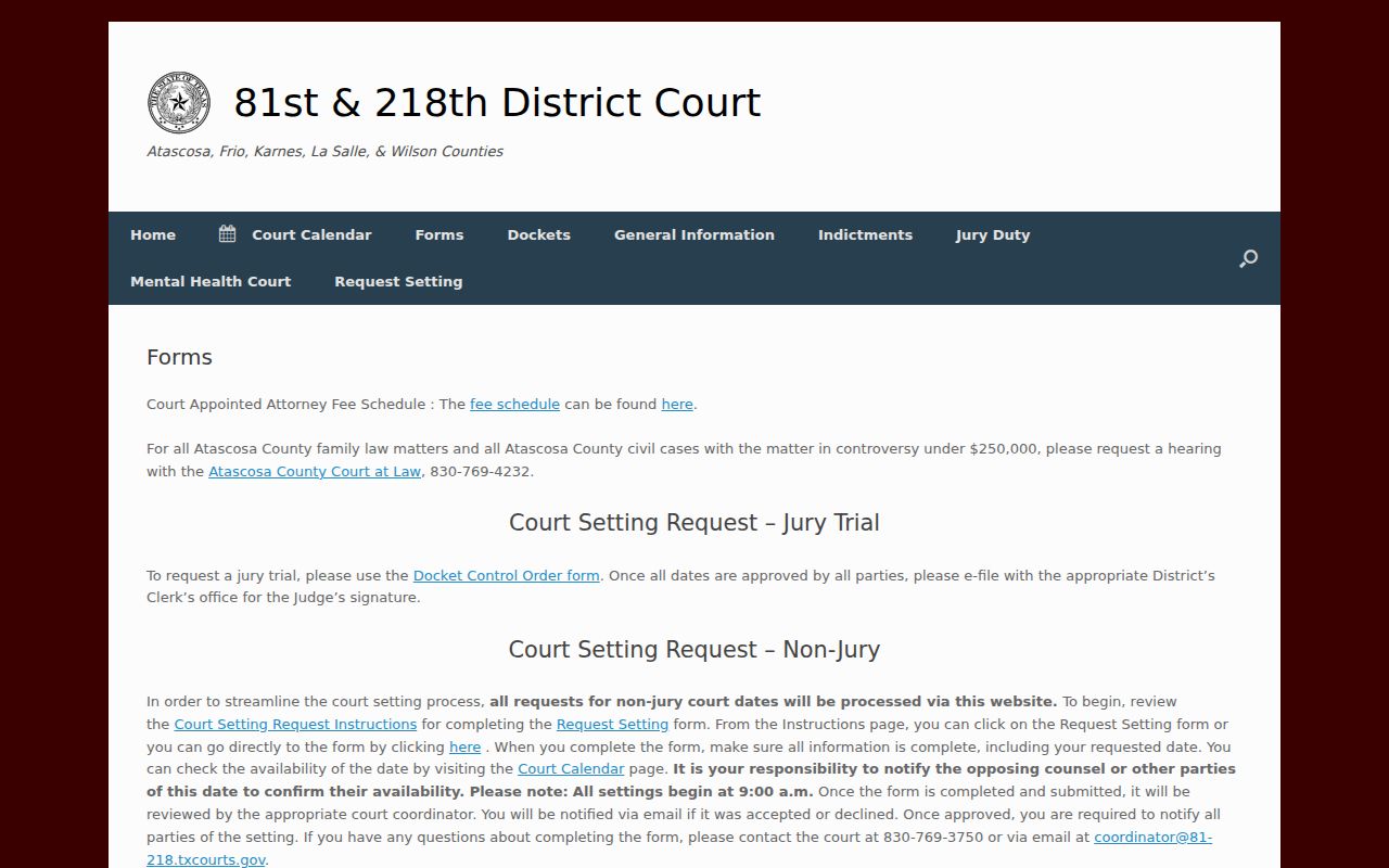 81st and 218th District Courts form page with a warrant recall form link
