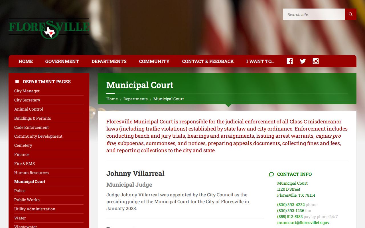Floresville Municipal Court page covering warrants, capias pro fine, forms, and payment