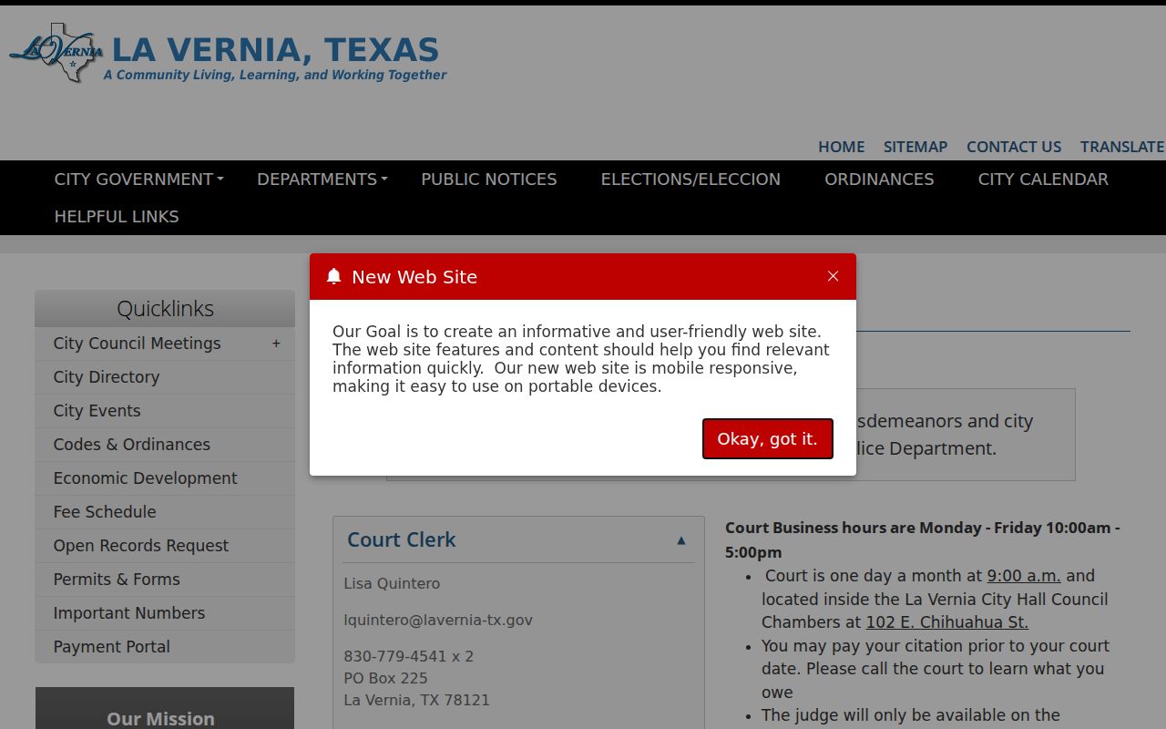 La Vernia Municipal Court page listing its clerk, monthly session, and payment route