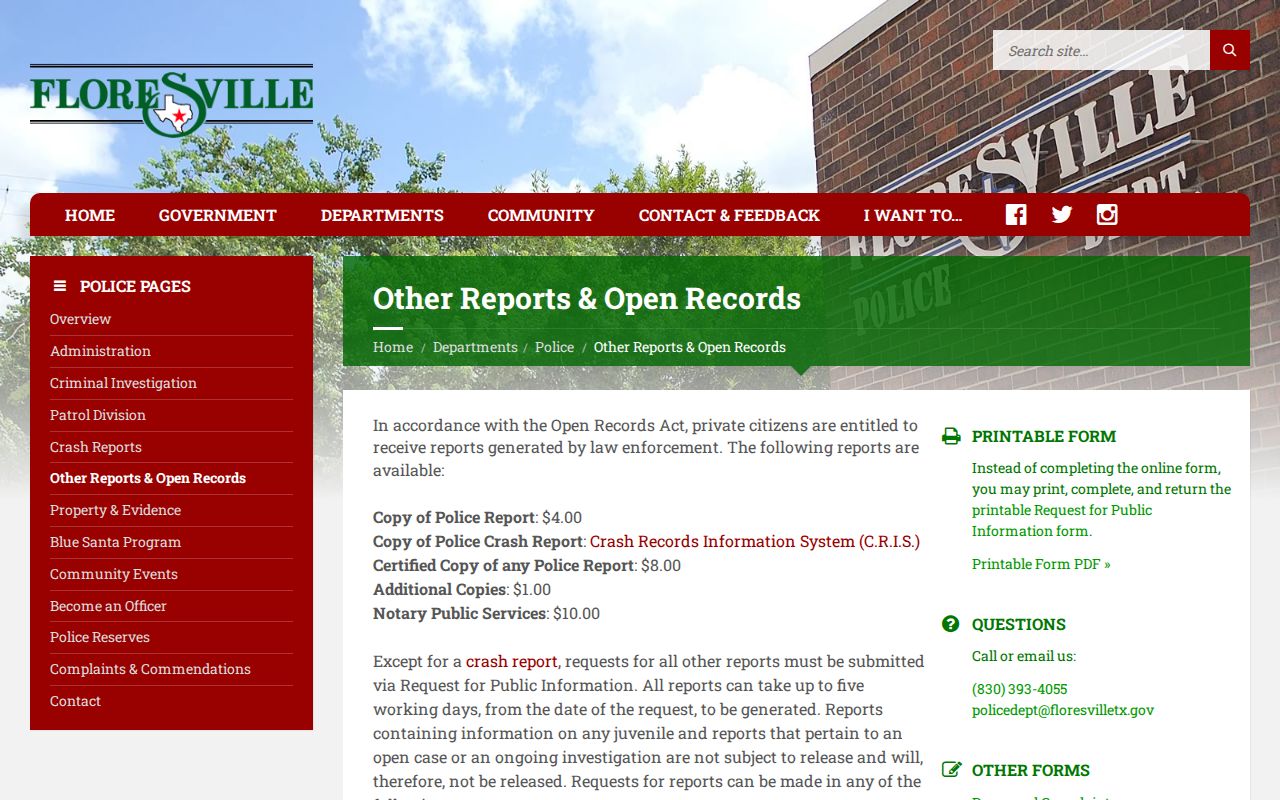 Floresville Police public information request form and records instructions