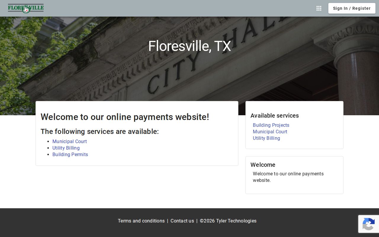 Floresville Tyler Municipal Online Payments service landing page