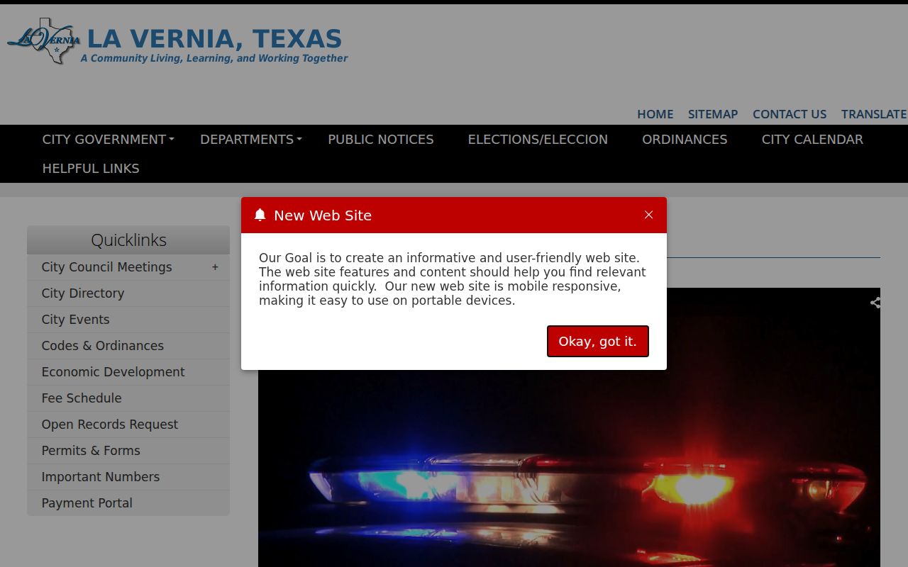 La Vernia Police Department contact page with City Hall court routing