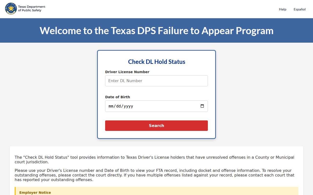 Texas Failure to Appear and Failure to Pay citation-status portal