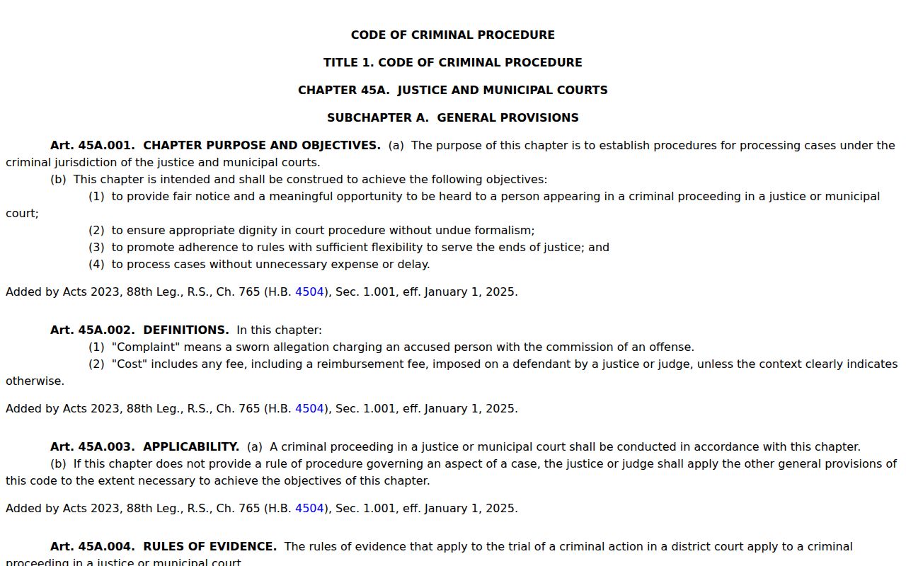Texas Chapter 45A official code page covering justice and municipal court process