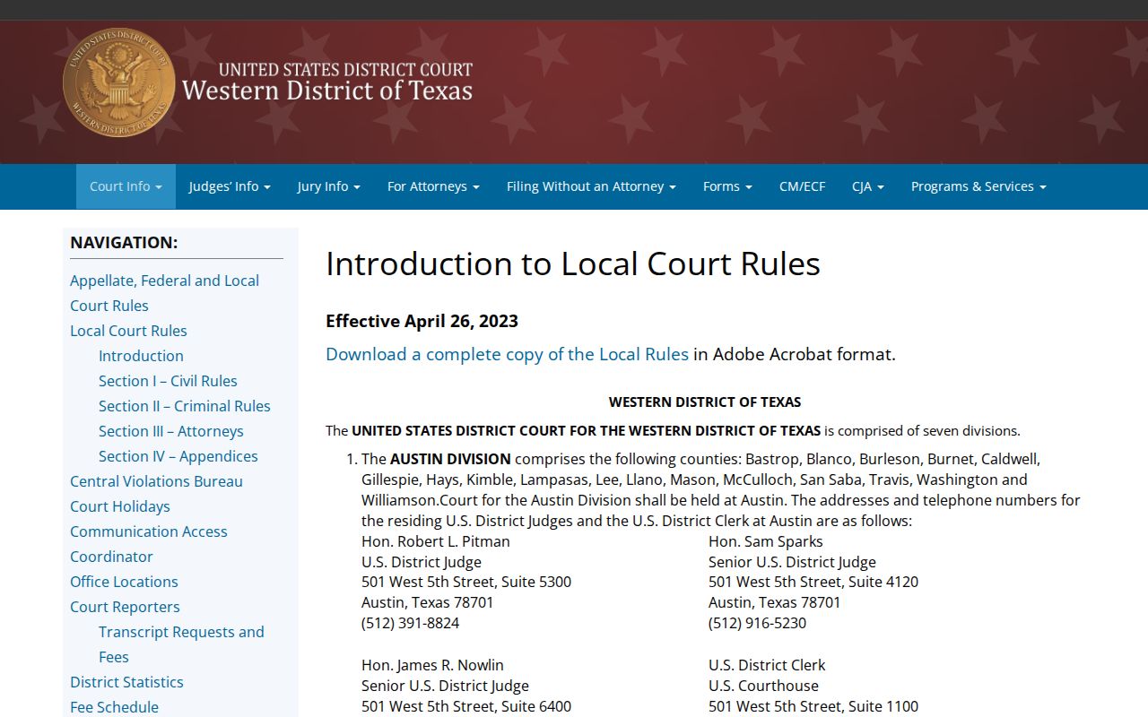 Western District of Texas federal court divisions page