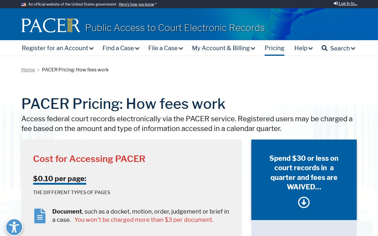 PACER official page explaining federal docket search fees